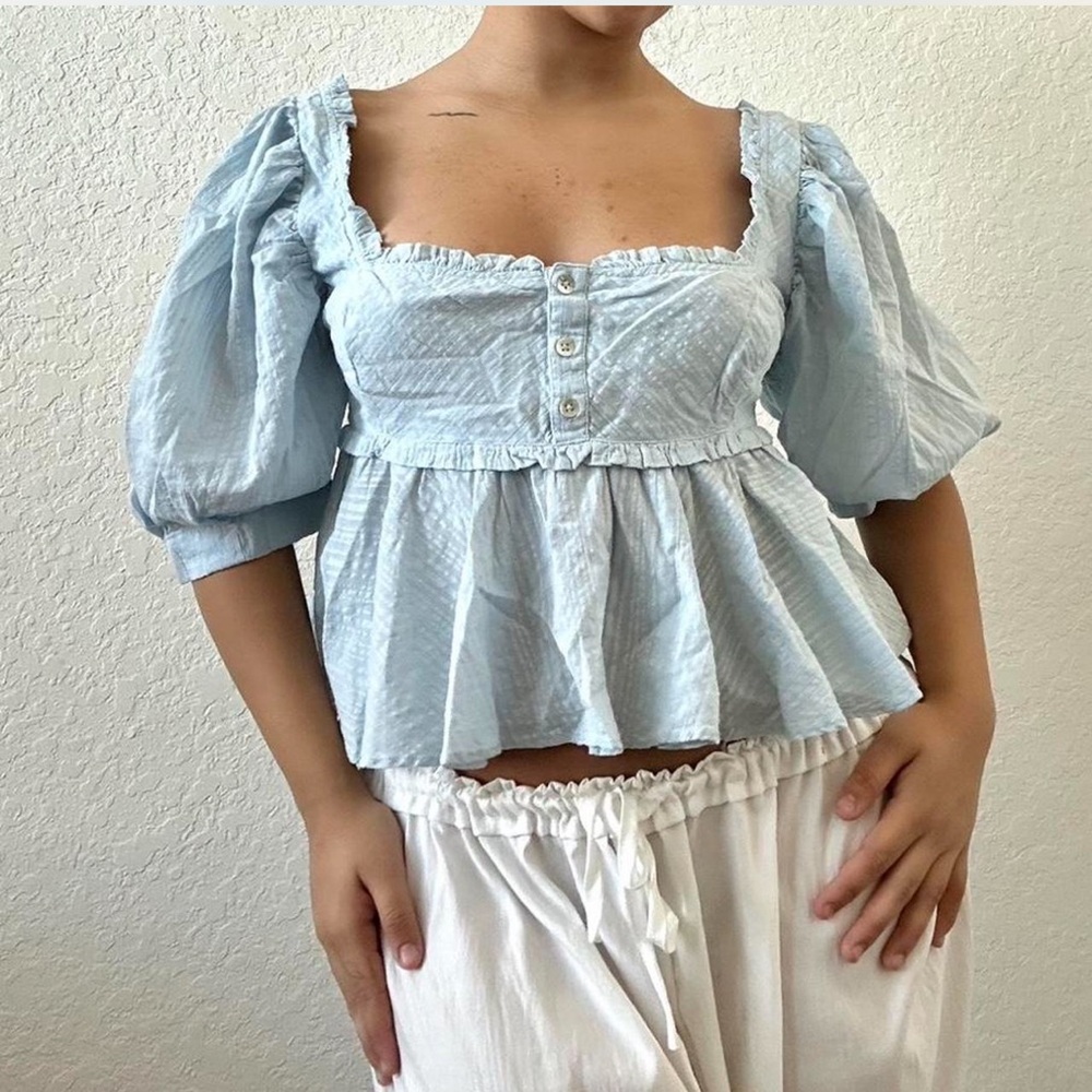 Free People Light Blue Puff Sleeve Blouse